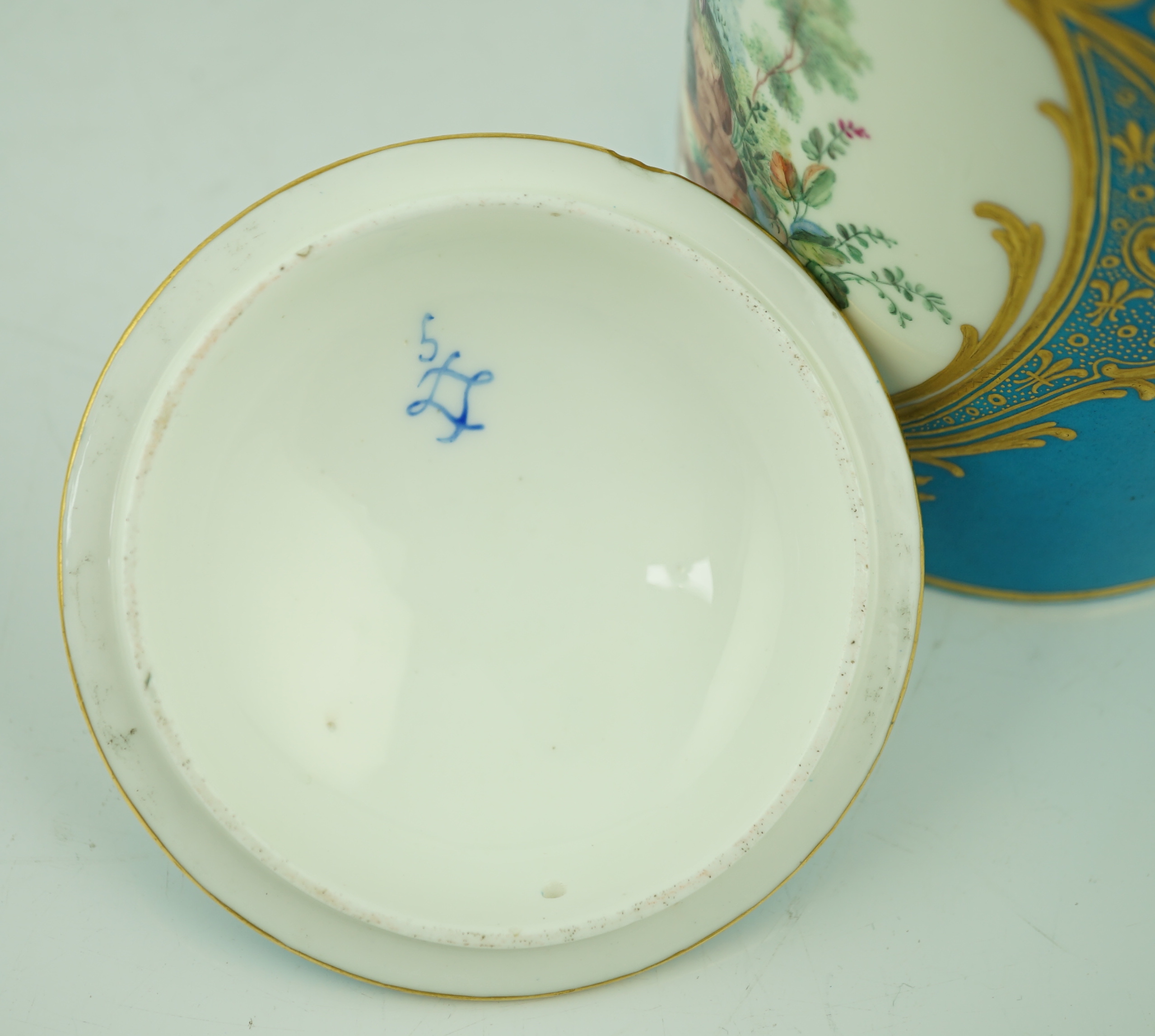 A Sevres bleu-celeste ground tobacco jar and cover (Pot à tabac), date code for 1759